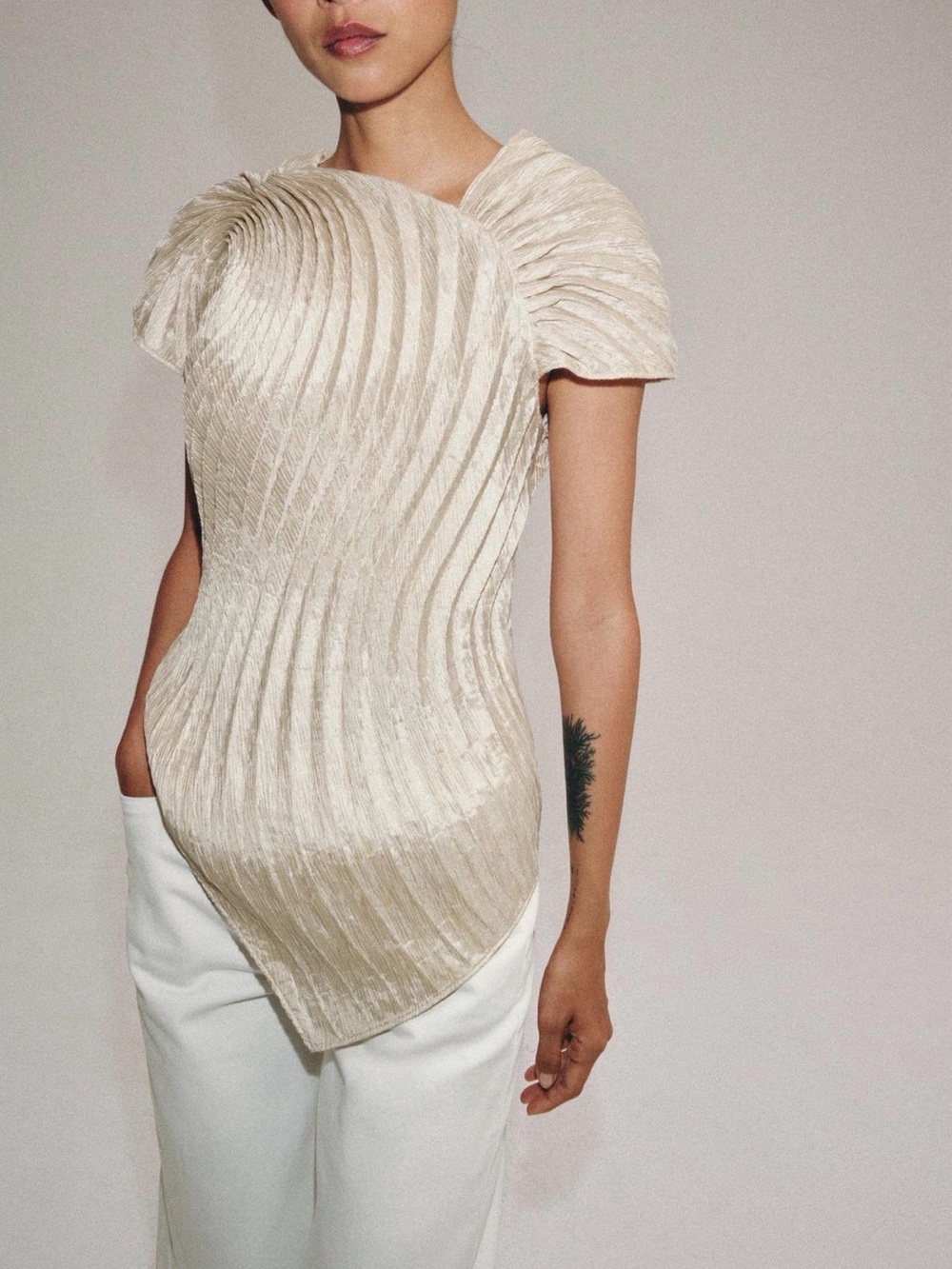 Zara Elegant Cream Pleated Sculptural Asymmetrical Blouse Top